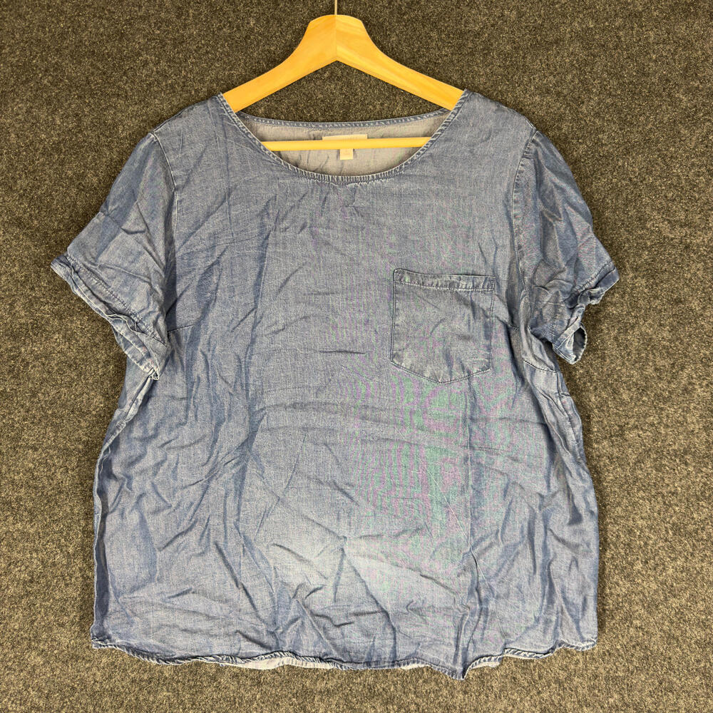 LC Lauren Conrad Blouse Women L Large Blue Short Sleeve Pockets Round Neck